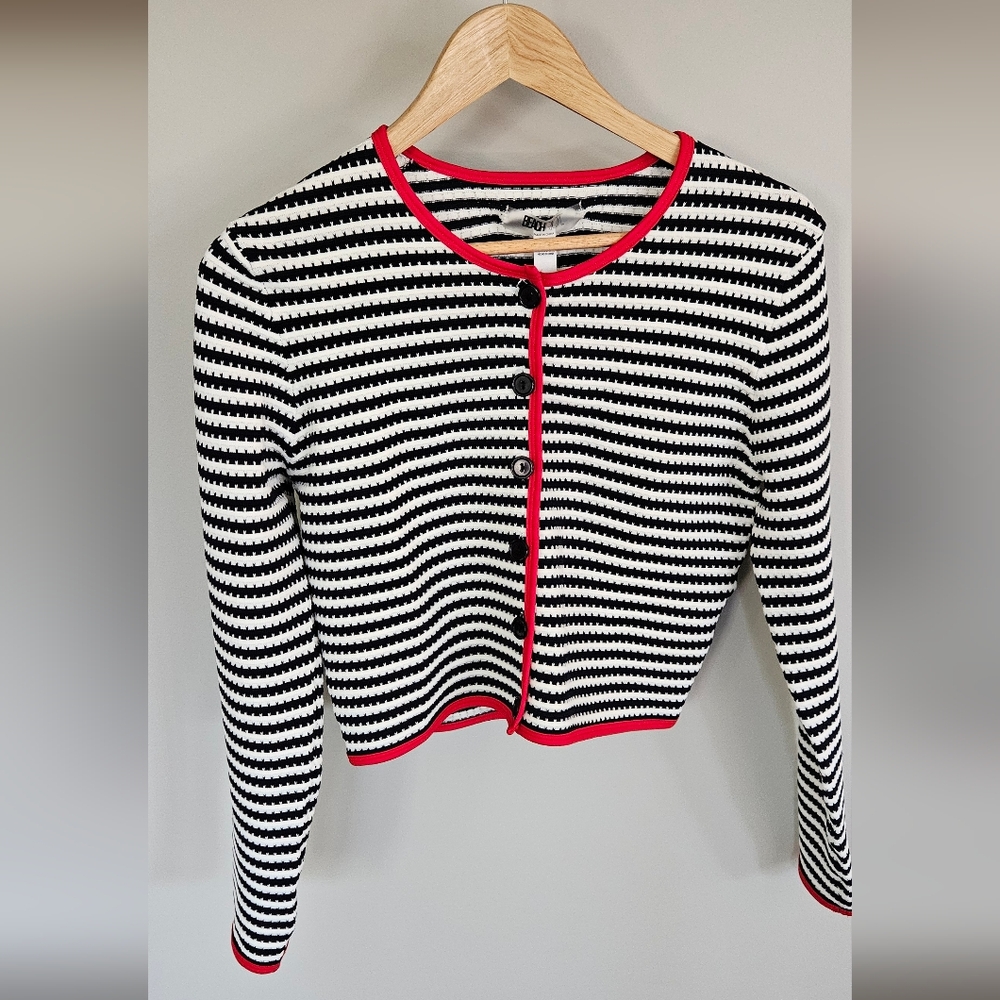 Beach Riot Striped Black and White Cardigan with Red Trim :M, NWT